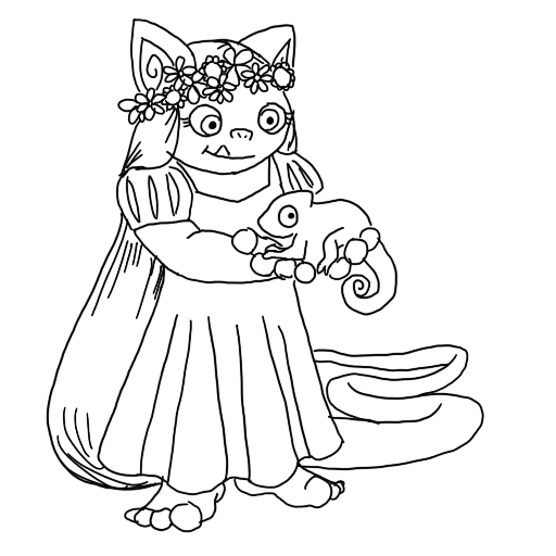 line art of a goblin wearing a princess dress and holding a chameleon