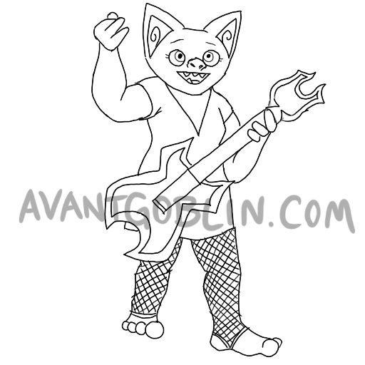 line art of a rockstar goblin in a leather dress and fishnets