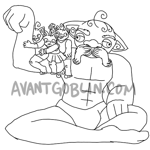 line art of a very large goblin holding several smaller goblins on a flexed arm