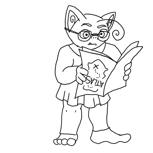 line art of a goblin holding a map upside-down