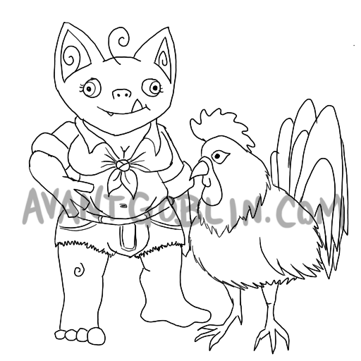 line art of a rooster and a goblin