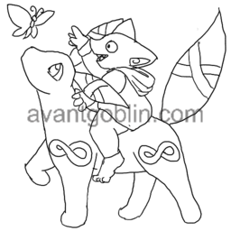 line art of a goblin riding an Umbreon with infinity signs instead of rings, both observing a butterfly