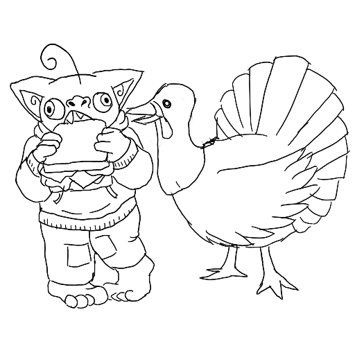 line art of a goblin eating a sandwich, accompanied by a turkey