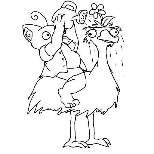 line art of goblin sitting on the back of an emu.  A flower is sprouting from the emu's head and the goblin is watering it with a watering can.