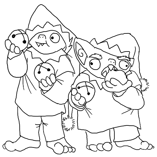 line art of two goblins dressed as Christmas elves.  The first goblin is holding two jingle bells, one in each hand.  The second goblin is holding one jingle bell and a rock, and is attempting to bite the rock.