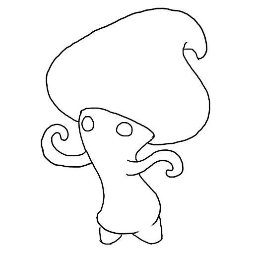 line art of a funky little mushroom with curly arms in motion