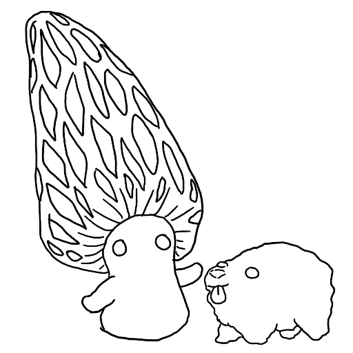 line art of a morel mushroom with eyes sitting next to a truffle that might also be a puppy