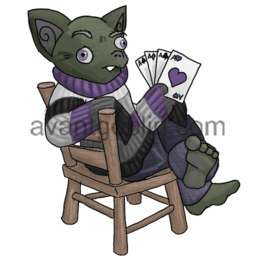 a sticker of an old goblin with an ace pride sweater and a loaded hand of cards