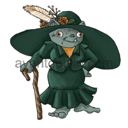 a sticker of an old lady goblin with a cane and an incredible hat.