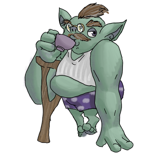 a sticker of a goblin with shrunken legs, perching upright on a crutch and one strong arm, sipping a cup of tea.