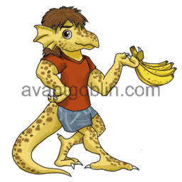 a sticker of a yellow kobold with bananas