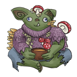 a sticker of a smiling goblin, growing mushrooms and holding a bowl of soup