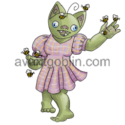 a sticker of a goblin in a pink dress with hands full of bees