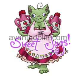 a sticker of a goblin with two jugs of strawberry milk and a red dress, with "Sweet Jugs!" captioned on.