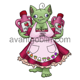 a sticker of a goblin with two jugs of strawberry milk and a red dress