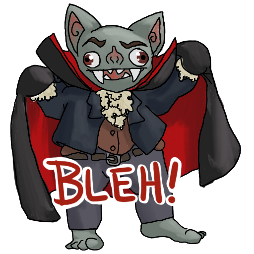 a sticker of a goblin dressed as dracula, posing menacingly.  The caption is simply "BLEH!"