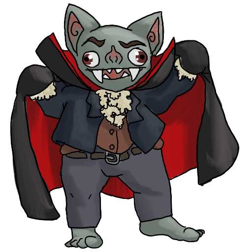a sticker of a goblin dressed as dracula, posing menacingly.