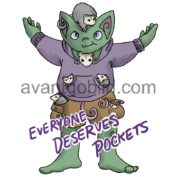 a sticker of a goblin wearing a purple hoodie full of possums, with "EVERYONE DESERVES POCKETS" captioned on.