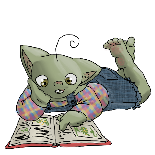 a goblin in coveralls, lying on their stomach, reading a book.