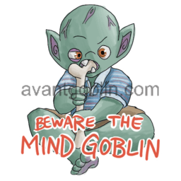 a sticker of a goblin with a large head, chewing on a bone, with "BEWARE THE MIND GOBLIN" captioned on.