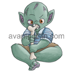 a sticker of a goblin with a large head, chewing on a bone