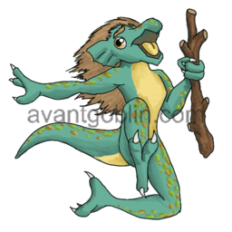 a sticker of a screaming kobold with a stick