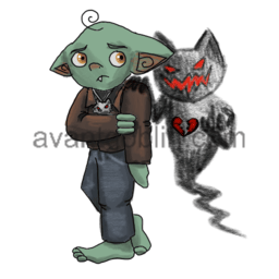 a sticker of a nervous goblin with a broken-hearted ghost