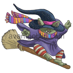 a sticker of a goblin in a colorful witch outfit, riding a broom like a skateboard