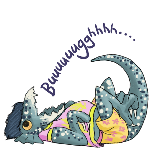 a sticker of a kobold, flat on their back, limbs and tail curled up like a possum playing dead.  The caption is a long and drawn out noise, written as "Buuuuuuuuuuuuuugghhhhh"