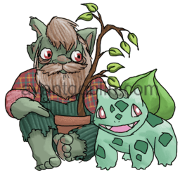 a sticker of an older goblin with a beard gently petting a Bulbasaur