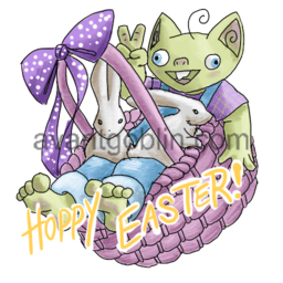 a sticker of a goblin in a basket, with bunnies, and "HOPPY EASTER!" captioned on.