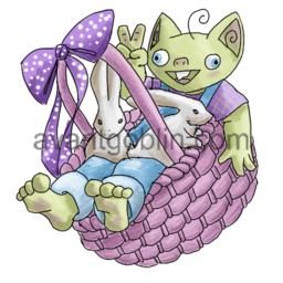 a sticker of a goblin in a basket, with bunnies.