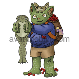 a sticker of a goblin, holding two frogs and a bag of red berries