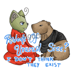 a sticker of a goblin in a red dress, facing a capybara in black, with "Rodents of Unusual Size?  I Don't Think They Exist" captioned on.