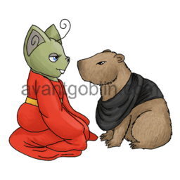 a sticker of a goblin in a red dress, facing a capybara in black