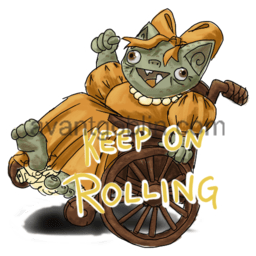 a sticker of a goblin in a wheelchair, having an amazing time, with "KEEP ON ROLLING" captioned on.