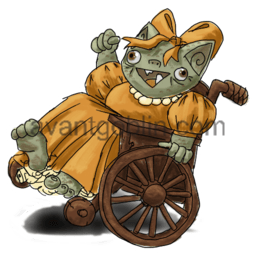 a sticker of a goblin in a wheelchair, having an amazing time