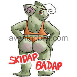 a sticker of a posing, curvy goblin from behind with the phrase "Skidap Badap" captioned on