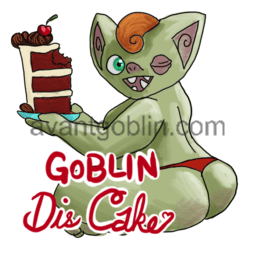 a sticker of a curvy goblin, seated, with a slice of red velvet cake and the phrase "Goblin Dis Cake!" captioned on