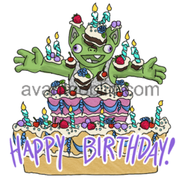 a sticker of a goblin popping out of a cake, with "HAPPY BIRTHDAY!" captioned on.