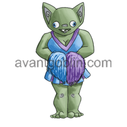 a sticker of a cheerleader goblin with two pom-poms held in front of her