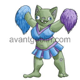 a sticker of a cheerleader goblin with two pom-poms held over her head