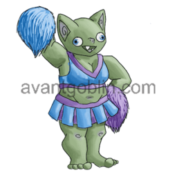 a sticker of a cheerleader goblin with two pom-poms, one up and one on her hip