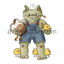 a sticker of a derpy goblin with a chicken and several chicks