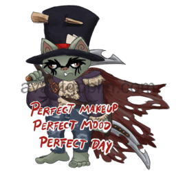 a sticker of a grim goblin wearing a shredded outfit and incredible eyeliner, with "PERFECT MAKEUP, PERFECT MOOD, PERFECT DAY" captioned on.