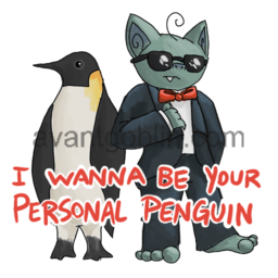 a sticker of a goblin and a penguin, hanging out and being cool, with "I wanna be your personal penguin" captioned on.