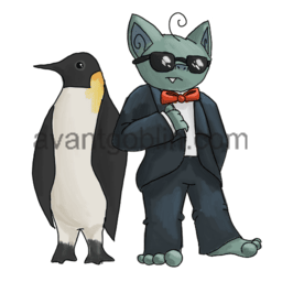 a sticker of a goblin and a penguin, hanging out and being cool