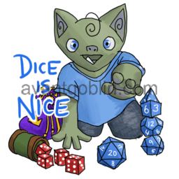 a sticker of a goblin reaching for dice, with "DICE IS NICE" captioned on.