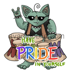 a sticker of a goblin wearing cool shades and a rainbow of bongos, with "HAVE PRIDE IN YOURSELF" captioned on.