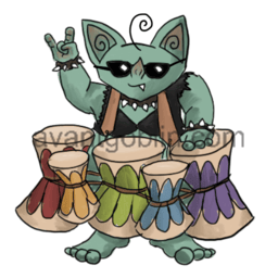 a sticker of a goblin wearing cool shades and a rainbow of bongos